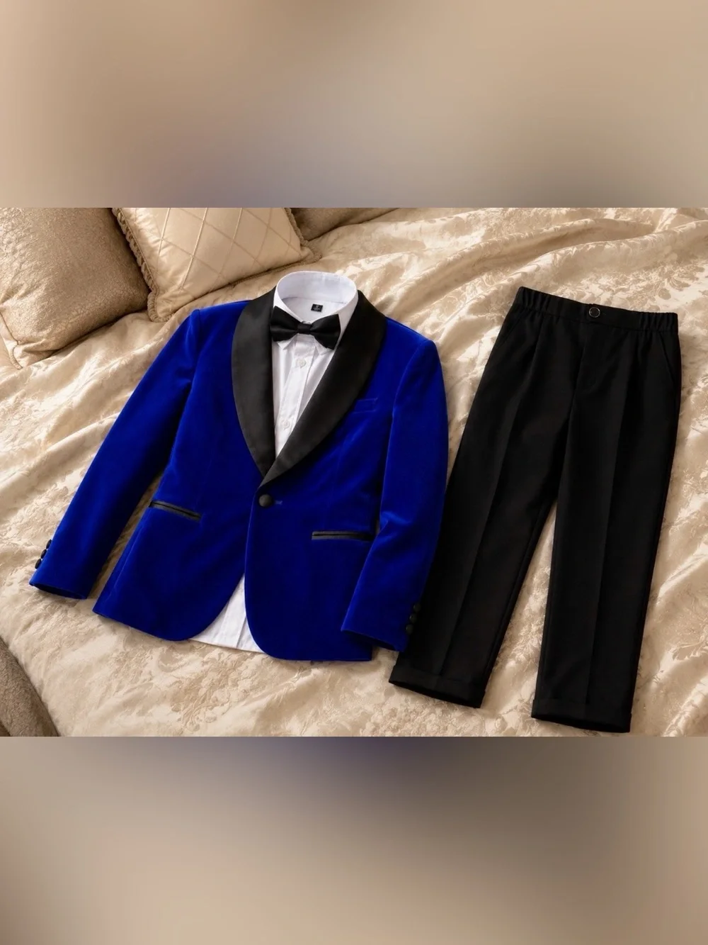 Boys Size 8 Royal Blue Velvet Tuxedo Suit Black Pants Bow Tie Wedding Formal